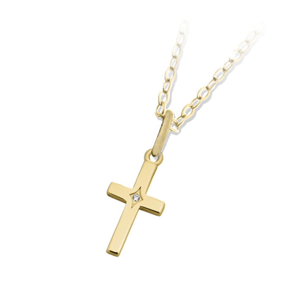The T Jazelle Cross CZ Gold Charm Necklace features a simple gold cross pendant with a center CZ stone, 14k gold plated, showcased on a white background.