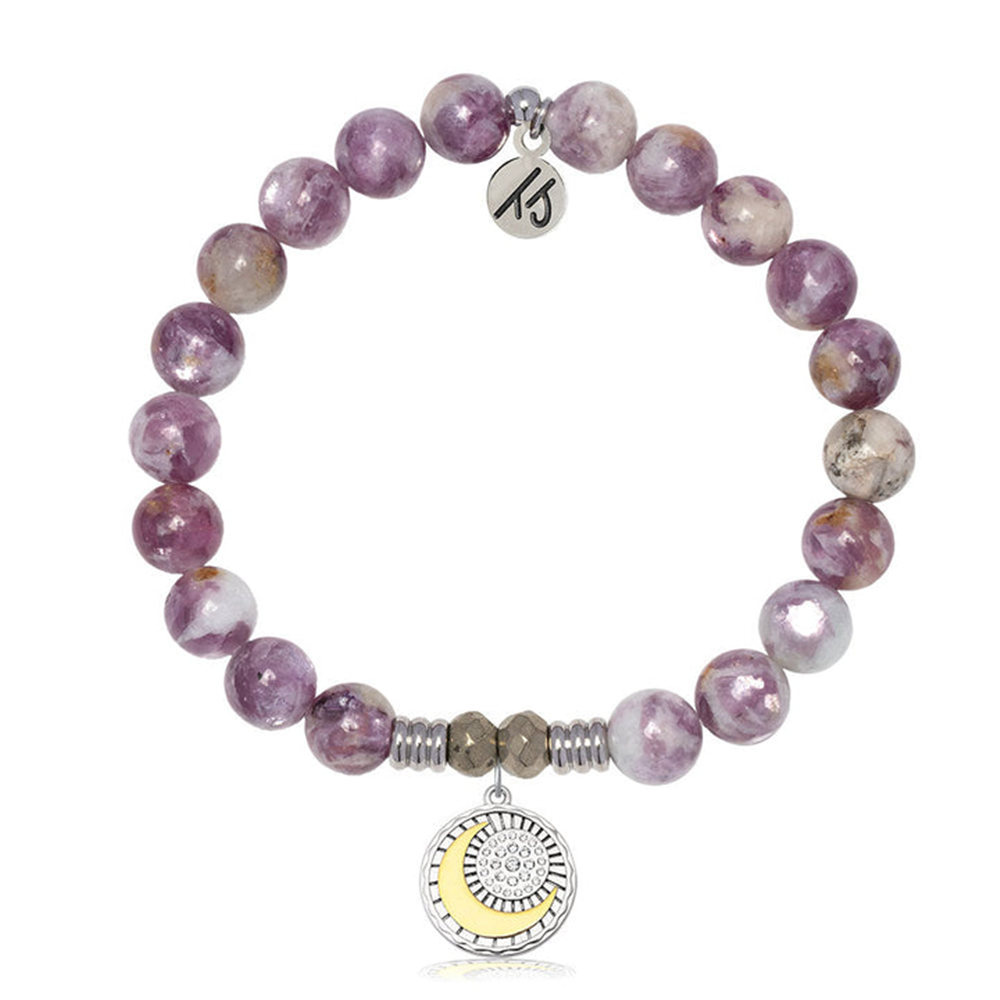 The T Jazelle Lepidolite Quartz Gemstone Bracelet with Radiant Soul Sterling Silver features round, purple and white marbled stones, silver accents, a "15" charm, plus a sun and crescent moon charm at the bottom.