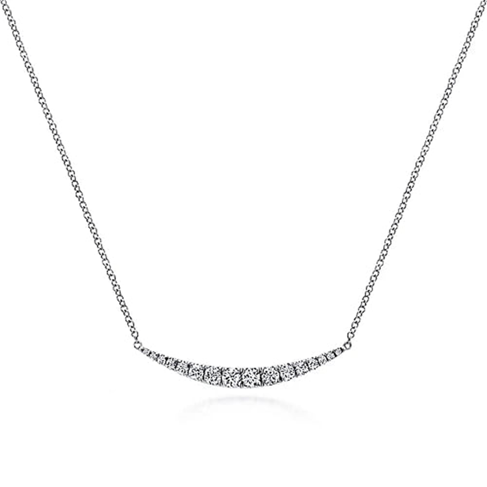 14K White Gold Curved Diamond Bar Necklace