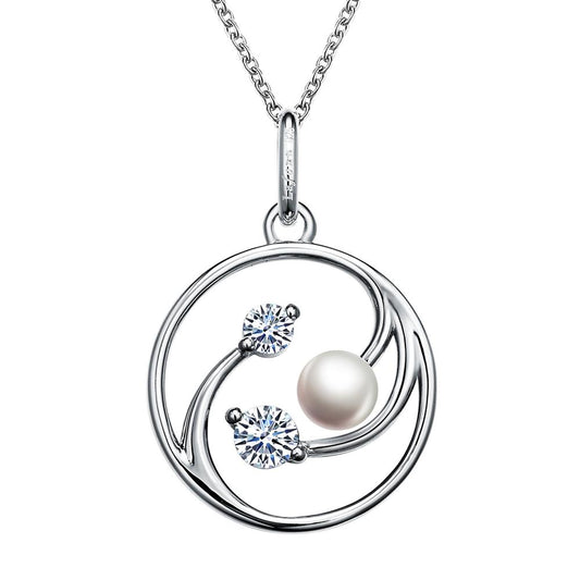 The Lafonn Cultured Freshwater Pearl Necklace features a delicate sterling silver pendant with a circular, intertwined design adorned with two sparkling gemstones and a single round freshwater pearl.