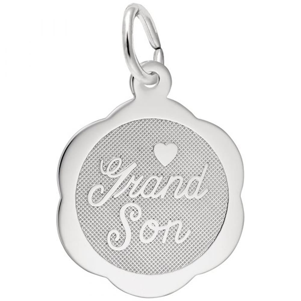 A detailed image of the Sterling Silver Grandson Disc Charm by Rembrandt Charms. This charm features a polished disc with the word "Grandson" elegantly engraved, measuring 0.67 inches by 0.67 inches (16.98 mm by 16.98 mm). The charm has a sleek sterling silver finish, perfect for adding a touch of love and pride to any charm bracelet or necklace. Style number 3797.