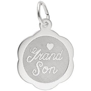 A detailed image of the Sterling Silver Grandson Disc Charm by Rembrandt Charms. This charm features a polished disc with the word "Grandson" elegantly engraved, measuring 0.67 inches by 0.67 inches (16.98 mm by 16.98 mm). The charm has a sleek sterling silver finish, perfect for adding a touch of love and pride to any charm bracelet or necklace. Style number 3797.