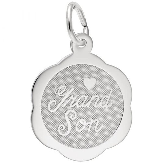 A detailed image of the Sterling Silver Grandson Disc Charm by Rembrandt Charms. This charm features a polished disc with the word "Grandson" elegantly engraved, measuring 0.67 inches by 0.67 inches (16.98 mm by 16.98 mm). The charm has a sleek sterling silver finish, perfect for adding a touch of love and pride to any charm bracelet or necklace. Style number 3797.