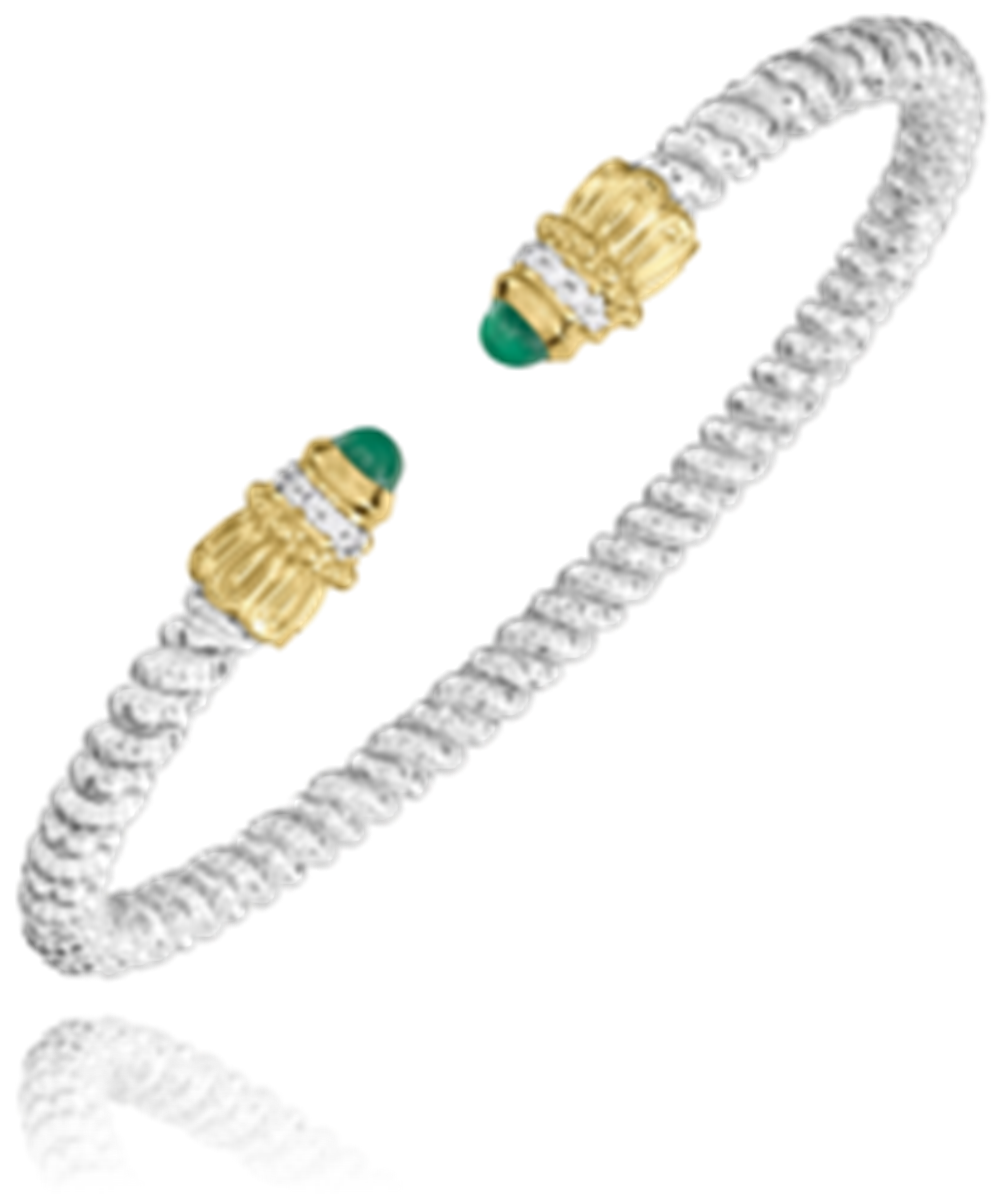 The 3MM GREEN ONYX by Alwand Vahan Jewelry is a twisted silver open bangle bracelet with gold-capped ends, each featuring a 3mm green onyx stone and small diamonds for an elegant look.