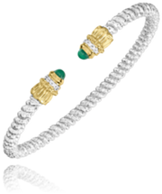 The 3MM GREEN ONYX by Alwand Vahan Jewelry is a twisted silver open bangle bracelet with gold-capped ends, each featuring a 3mm green onyx stone and small diamonds for an elegant look.