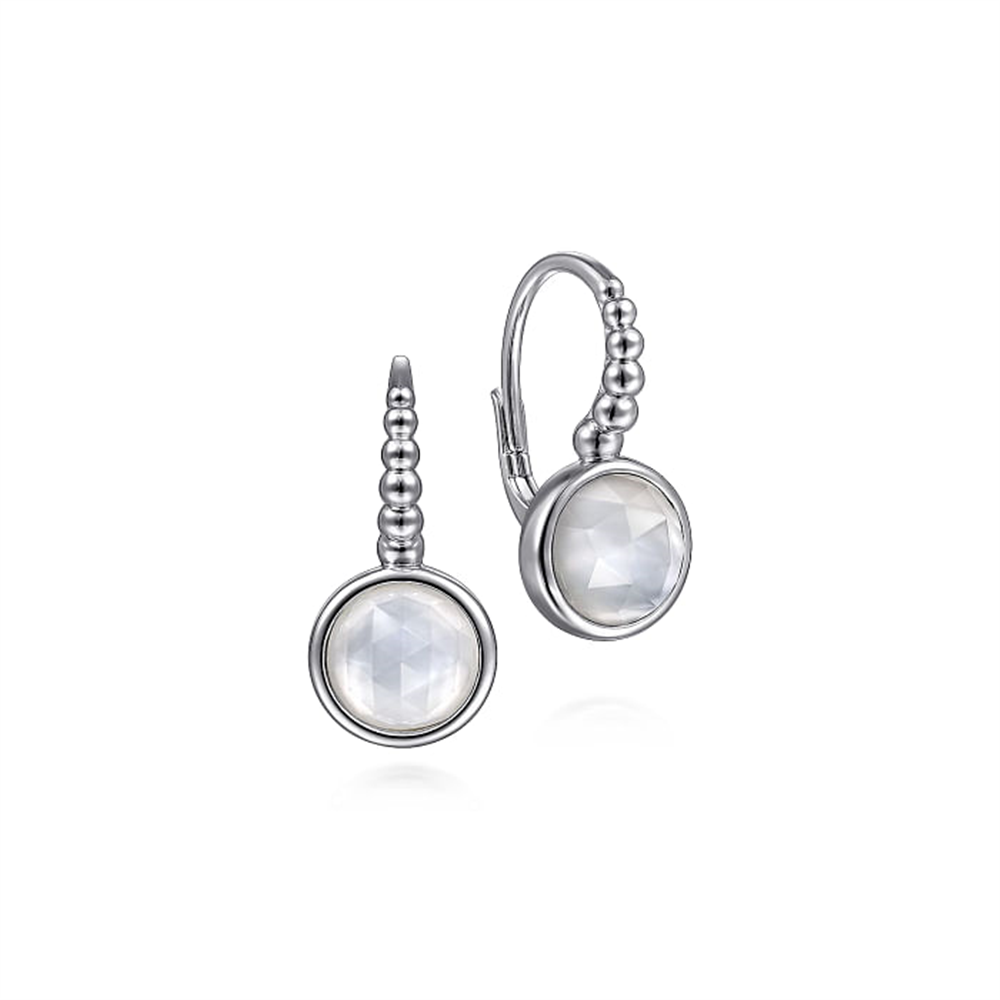 A pair of elegant Gabriel & Co 925 Sterling Silver Bujukan Rock Crystal and White MOP Leverback Earrings featuring round, faceted moonstone gems set in circular bezels. Each earring has a lever-back closure with a beaded design leading to the moonstone, exuding a sleek and sophisticated look.