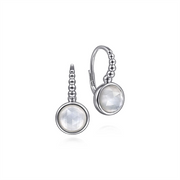 A pair of elegant Gabriel & Co 925 Sterling Silver Bujukan Rock Crystal and White MOP Leverback Earrings featuring round, faceted moonstone gems set in circular bezels. Each earring has a lever-back closure with a beaded design leading to the moonstone, exuding a sleek and sophisticated look.