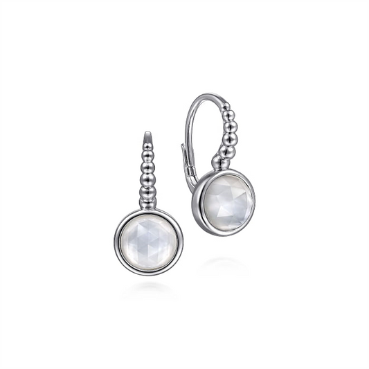 A pair of elegant Gabriel & Co 925 Sterling Silver Bujukan Rock Crystal and White MOP Leverback Earrings featuring round, faceted moonstone gems set in circular bezels. Each earring has a lever-back closure with a beaded design leading to the moonstone, exuding a sleek and sophisticated look.