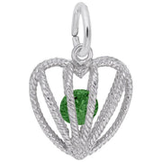 The Embraced with Love May Stone Charm by Rembrandt Charms is a sterling silver heart-shaped pendant that features a twisted wire design and encases a small, faceted green gemstone at its center. Perfect as a May birthstone charm, it has a loop at the top for easy attachment to a chain or bracelet, embodying the timeless elegance of Rembrandt Charms.