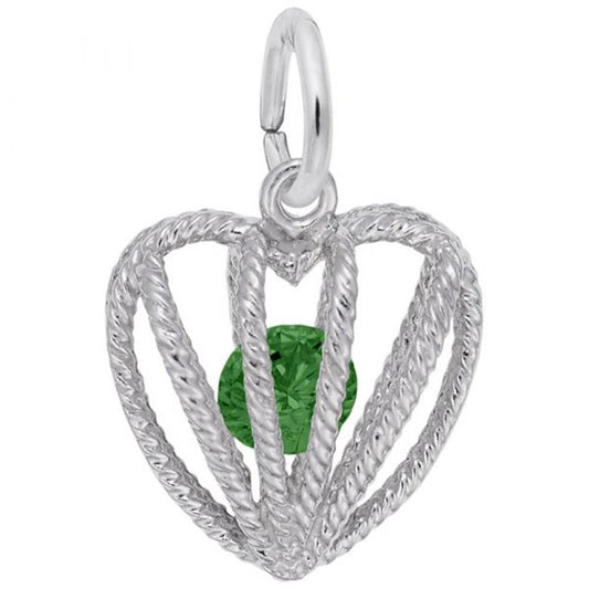 The Embraced with Love May Stone Charm by Rembrandt Charms is a sterling silver heart-shaped pendant that features a twisted wire design and encases a small, faceted green gemstone at its center. Perfect as a May birthstone charm, it has a loop at the top for easy attachment to a chain or bracelet, embodying the timeless elegance of Rembrandt Charms.