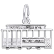 A Flat San Francisco Cable Car Charm made of sterling silver from Rembrandt Charms is displayed. This charm features the inscription "POWELL & HYDE STS." on the top and "SAN FRANCISCO" on the side, with a loop at the top for attaching to a necklace or bracelet.