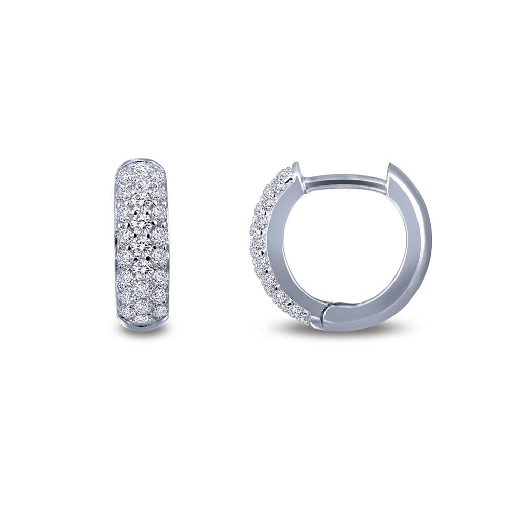 A pair of stunning 3-Row Huggie Hoop Earrings by Lafonn is shown. One earring is displayed from the front, highlighting its encrusted diamonds, while the other earring is shown from the side, partially open, revealing its clasp mechanism. The background is plain white.