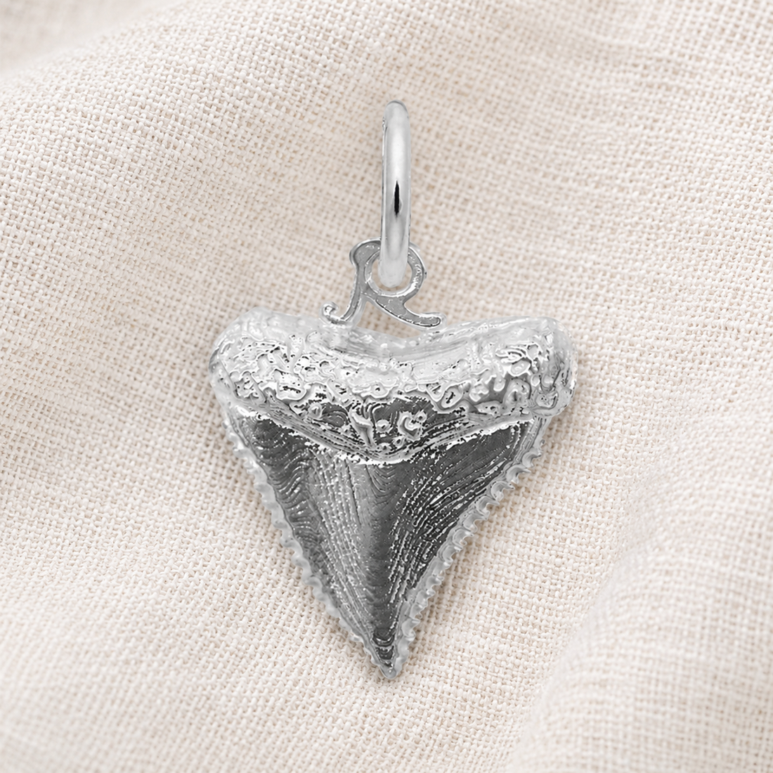 The Shark Tooth Charm- Sterling Silver by Rembrandt Charms, a bold symbol of strength and a unique ocean-inspired accessory, is displayed on a textured beige fabric background.
