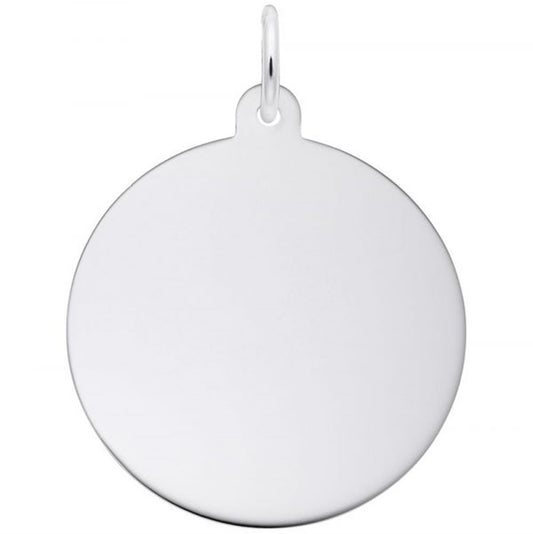 The Rembrandt Charms Large Round Disc - 1.27mm Thick Charm / Sterling Silver is a large, round charm pendant featuring a small loop at the top for chain attachment. This sterling silver disc has a smooth, reflective surface and boasts an unadorned design.