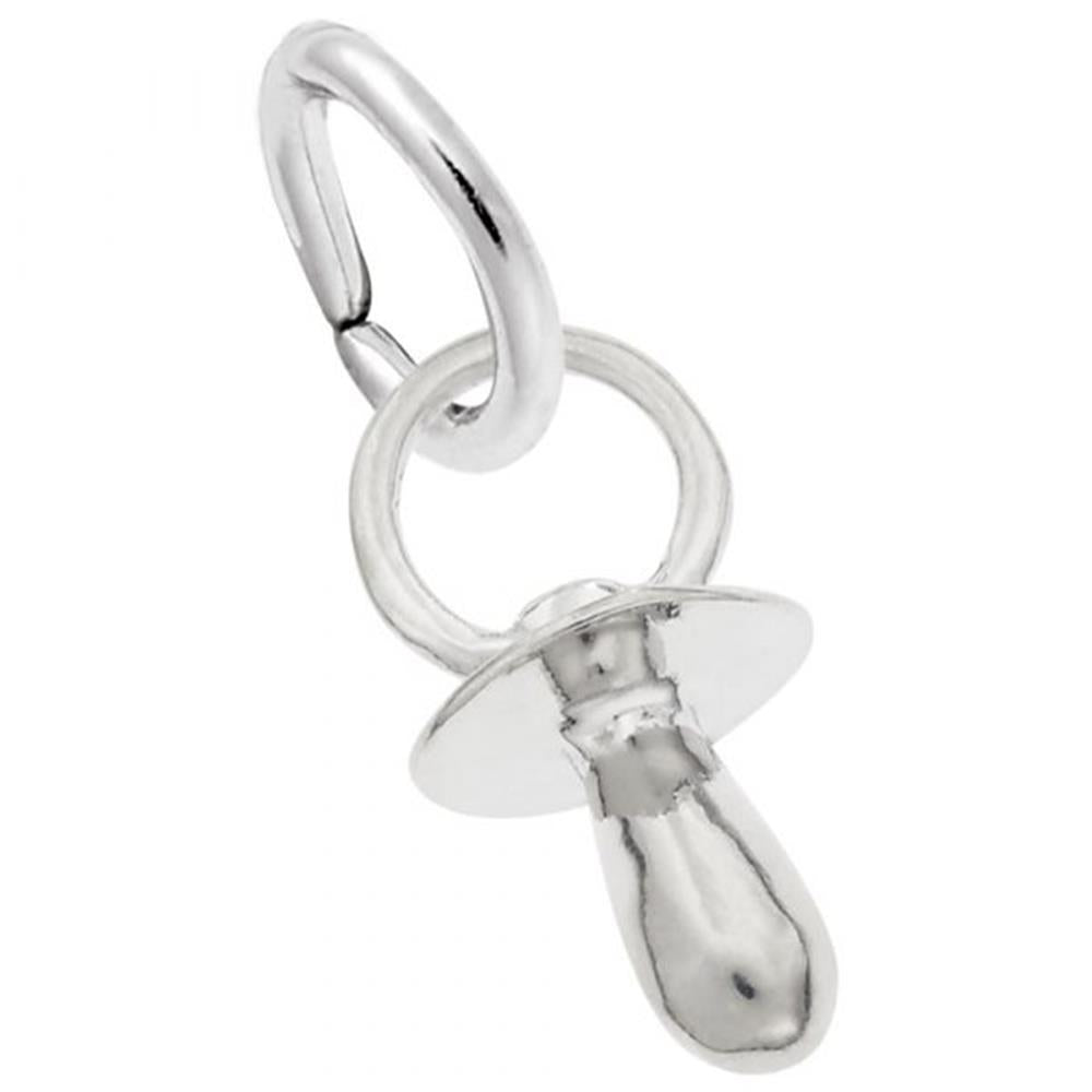 The Rembrandt Charms Pacifier Charm in sterling silver is designed as a realistic baby pacifier, complete with a smooth, polished surface, pacifier teat, and loop handle. It features a ring at the top to easily attach to a necklace or bracelet.