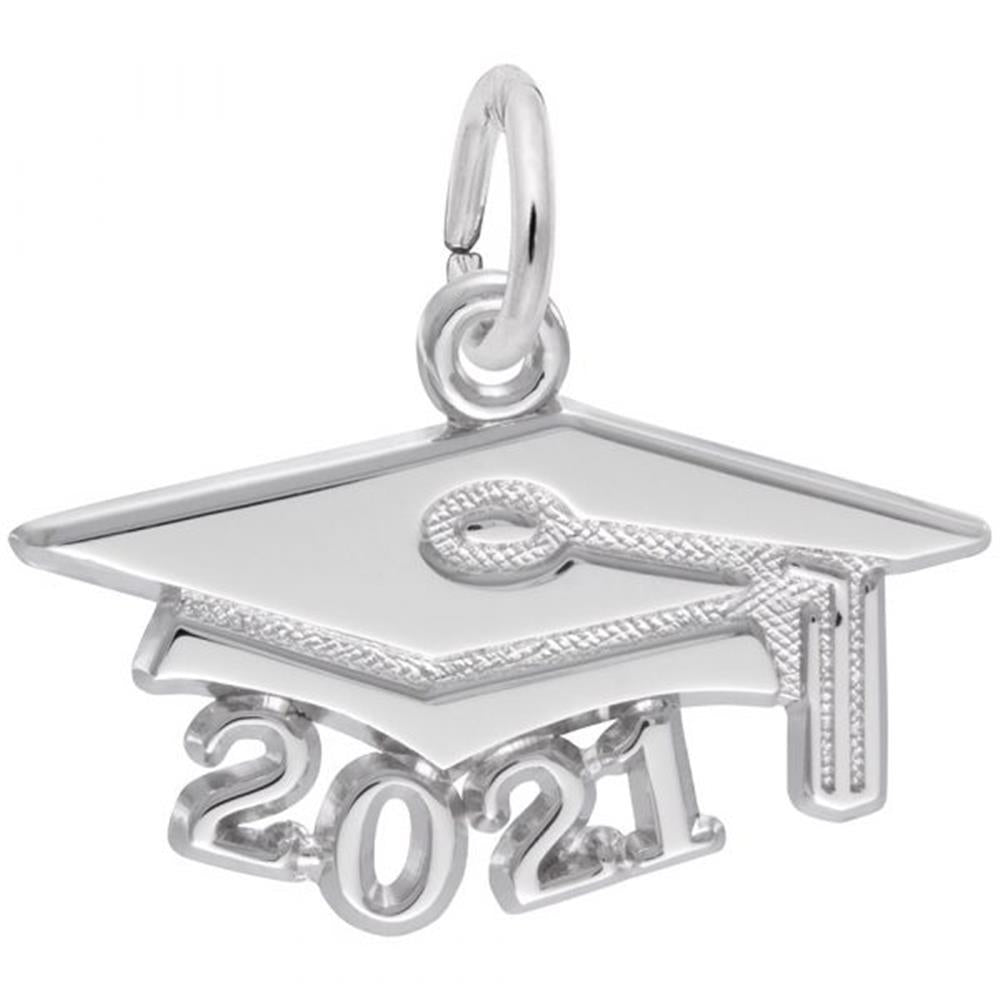 A Rembrandt Charms Large Grad Cap Charm in sterling silver features a prominent "2021" at the bottom. The charm includes a loop at the top for easily attaching to a necklace or bracelet, and the finely engraved tassel detail adds an elegant touch to the cap.