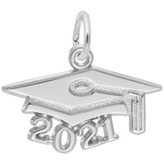 A Rembrandt Charms Large Grad Cap Charm in sterling silver features a prominent "2021" at the bottom. The charm includes a loop at the top for easily attaching to a necklace or bracelet, and the finely engraved tassel detail adds an elegant touch to the cap.