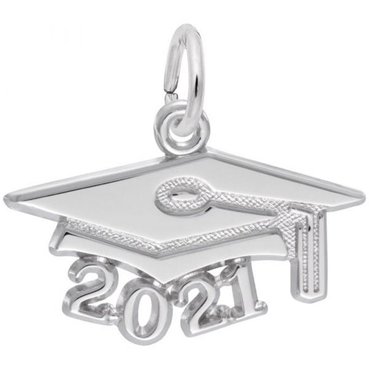 A Rembrandt Charms Large Grad Cap Charm in sterling silver features a prominent "2021" at the bottom. The charm includes a loop at the top for easily attaching to a necklace or bracelet, and the finely engraved tassel detail adds an elegant touch to the cap.