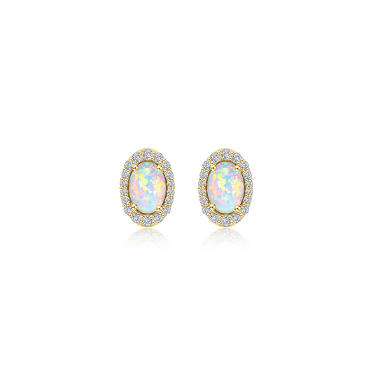 The Lafonn ER CL/SIMULATED OPAL S.S GP 1.94 CTW OPAL HALO STUDS ER features oval-shaped simulated opal earrings accented with tiny, sparkling diamonds and set in a gold backing. These opals exhibit a vibrant spectrum of colors, including pink, green, and blue. The image is displayed against a plain white background to highlight the intricate design of these stunning halo studs.