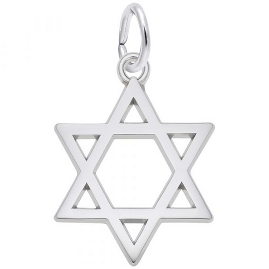 The Star of David Gold Plated Charm by Rembrandt Charms features a polished finish, with a top loop for easy chain attachment, elegantly displaying two overlapping triangles forming a six-pointed star.