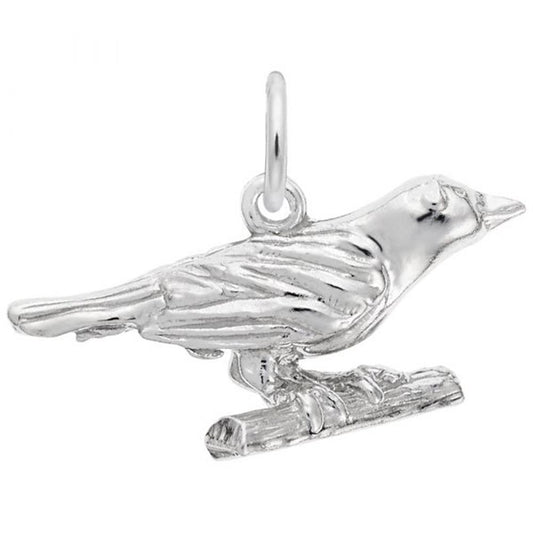 The Oriole Bird Charm by Rembrandt Charms is an exquisite piece crafted from sterling silver, showcasing a detailed bird perched gracefully on a branch. This charming pendant features intricate feather detailing and includes a small loop at the top for easily attaching to a chain or bracelet.