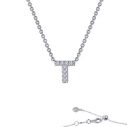 The Letter T Pendant Necklace by Lafonn is a sterling silver chain link necklace featuring a pendant encrusted with clear simulated diamonds. It includes an adjustable clasp and a small attached charm for added elegance.