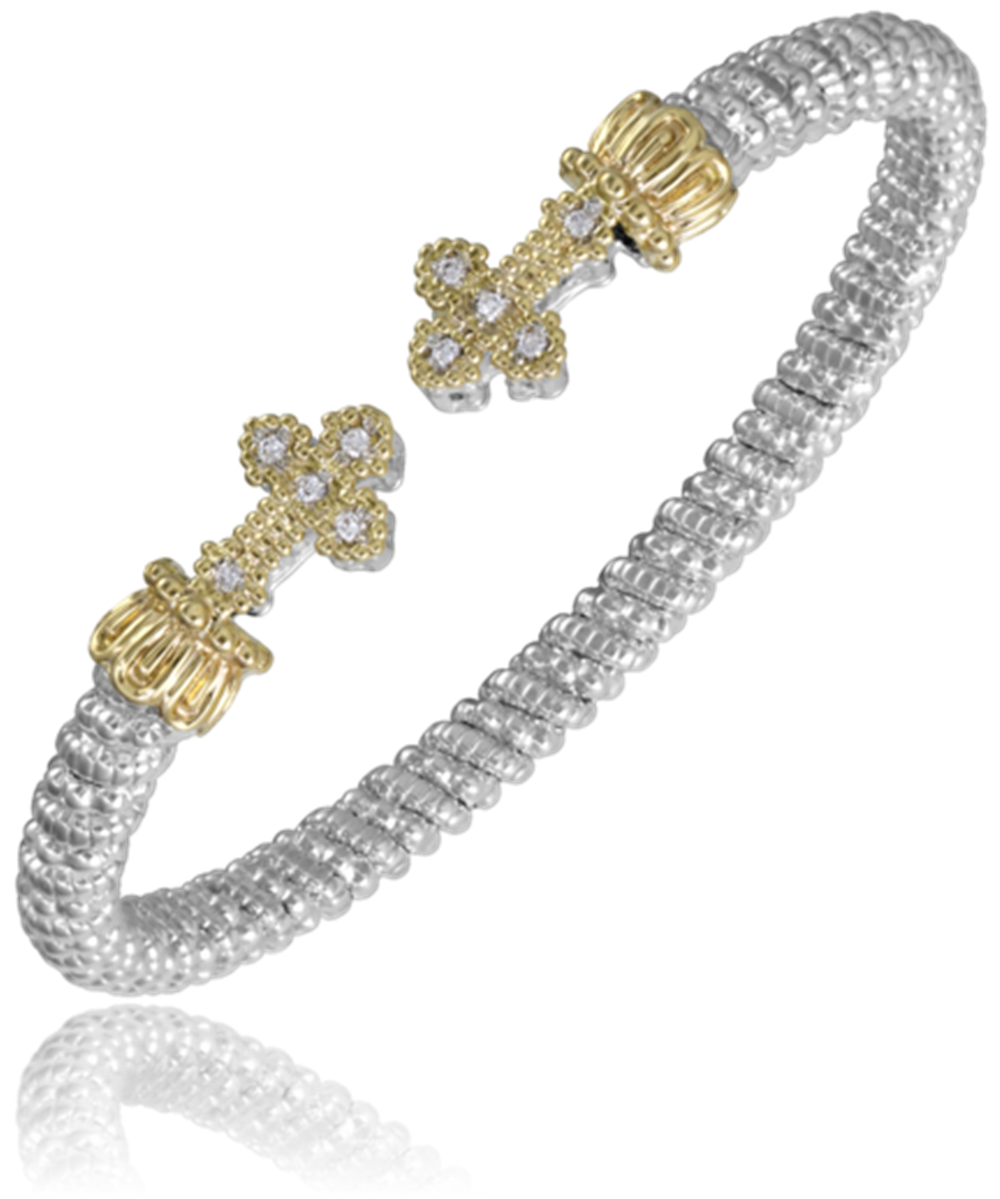 The Alwand Vahan Jewelry sterling silver bracelet boasts a 4mm band with a textured, rope-like design and two intricately detailed 14k gold cross motifs. Each cross, serving as the clasp at the center of the bracelet, is adorned with small, sparkling diamonds totaling 0.10 carats.