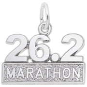 Introducing the Marathon Charm in sterling silver by Rembrandt Charms: This rectangular charm features the engraved "26.2" on top, followed by the word "MARATHON" in bold lettering below. It includes a circular ring for easy attachment or wearing, while boasting a shimmery textured surface at the bottom that exemplifies Rembrandt Charms' meticulous craftsmanship.
