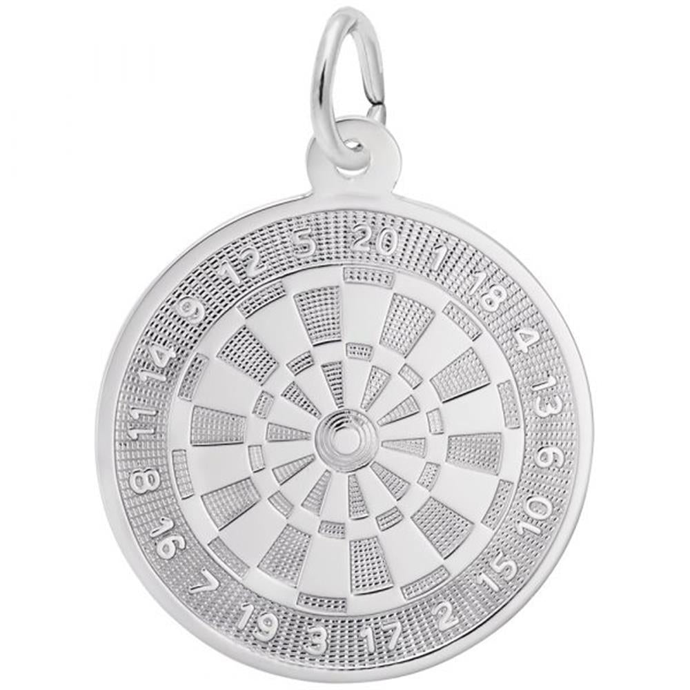 Introducing the Dart Board Charm by Rembrandt Charms, a beautifully crafted sterling silver piece shaped like a traditional dartboard. Detailed engravings capture the segments and numbers, and a small loop at the top makes it perfect for attaching to a chain or keyring.