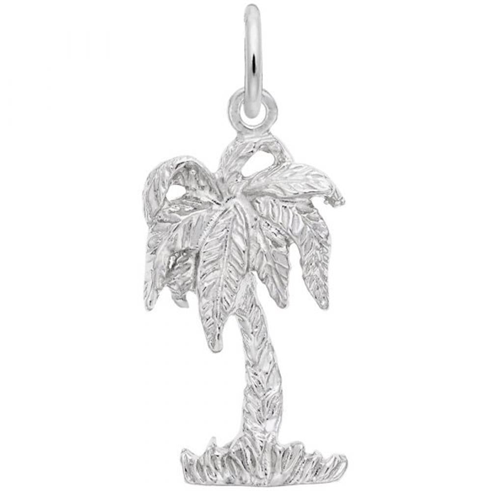 The Palm Tree Charm by Rembrandt Charms features intricate leaf and trunk designs in detailed sterling silver. It includes a loop at the top, making it easy to attach to a chain or bracelet.