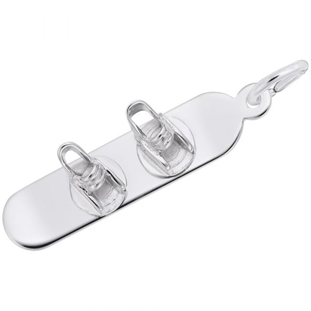 A sleek, rectangular metallic keychain features two transparent, looping attachments aligned side by side on its surface. The Snowboard Charm in sterling silver by Rembrandt Charms boasts a smooth finish and includes a clasp at one end for easy attachment to keys or other items.
