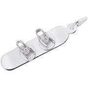 A sleek, rectangular metallic keychain features two transparent, looping attachments aligned side by side on its surface. The Snowboard Charm in sterling silver by Rembrandt Charms boasts a smooth finish and includes a clasp at one end for easy attachment to keys or other items.