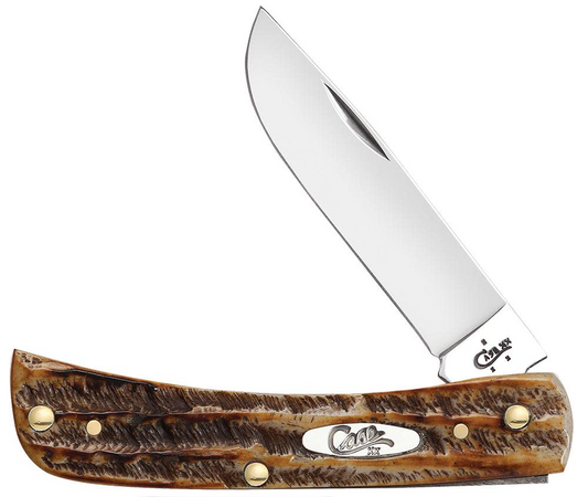 The 6.5 BoneStag Sod Buster Jr pocket knife by W.R. Case & Sons Cutlery Co. features a single, shiny, pointed steel blade that is partially open. The handle, crafted to resemble wood with brass accents, showcases an oval BoneStag brand logo and a textured design for a secure grip.