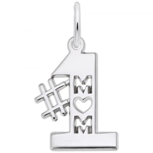 The Rembrandt Charms #1 Mom Charm in sterling silver features a pendant shaped like the number one, with a hashtag symbol on the left side and "M♥M" cut out vertically in the center. It elegantly symbolizes #1 Mom, making it a perfect tribute to motherhood.
