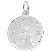 The Girl Confirmation Charm by Rembrandt Charms is a round sterling silver pendant with a loop at the top. Its center showcases an engraved image of a bishop in robes and mitre, placing a hand on a kneeling figure's head. The word "CONFIRMATION" is beautifully engraved along the top semicircle, epitomizing the elegance typical of Rembrandt Charms.