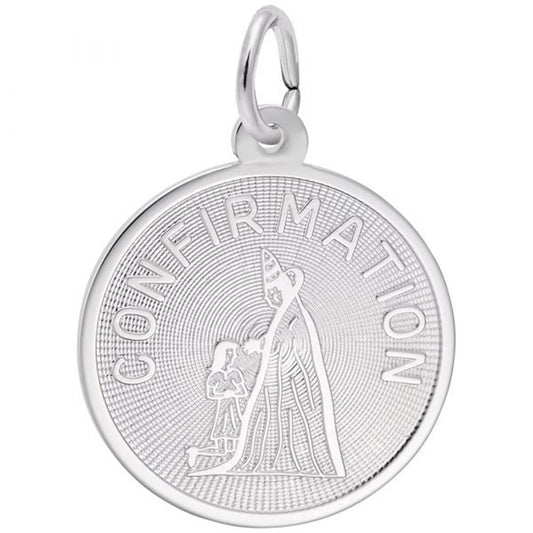 The Girl Confirmation Charm by Rembrandt Charms is a round sterling silver pendant with a loop at the top. Its center showcases an engraved image of a bishop in robes and mitre, placing a hand on a kneeling figure's head. The word "CONFIRMATION" is beautifully engraved along the top semicircle, epitomizing the elegance typical of Rembrandt Charms.