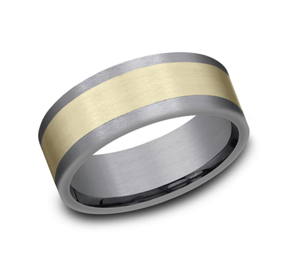 A two-tone wedding band featuring a wide gold center stripe flanked by tantalum edges. Crafted in 14K yellow gold, the Smooth Two Tone Band by Benchmark Rings / Amarra Stone boasts a matte finish with smooth, clean lines, adding a modern and elegant touch.