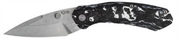 A folding pocket knife with a carbon fiber blade and a smooth, white marbled handle. The brand name 'W.R. Case & Sons Cutlery Co.' is visible near the base of the blade. The design includes a thumb stud for one-handed opening.