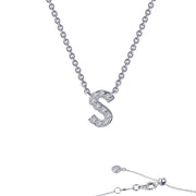 The Letter S Pendant Necklace by Lafonn showcases a timeless design, featuring a prominent "S" encrusted with Lafonn's simulated diamonds. This silver necklace includes a delicate chain and is equipped with a lobster clasp and an extender for adjustable length.