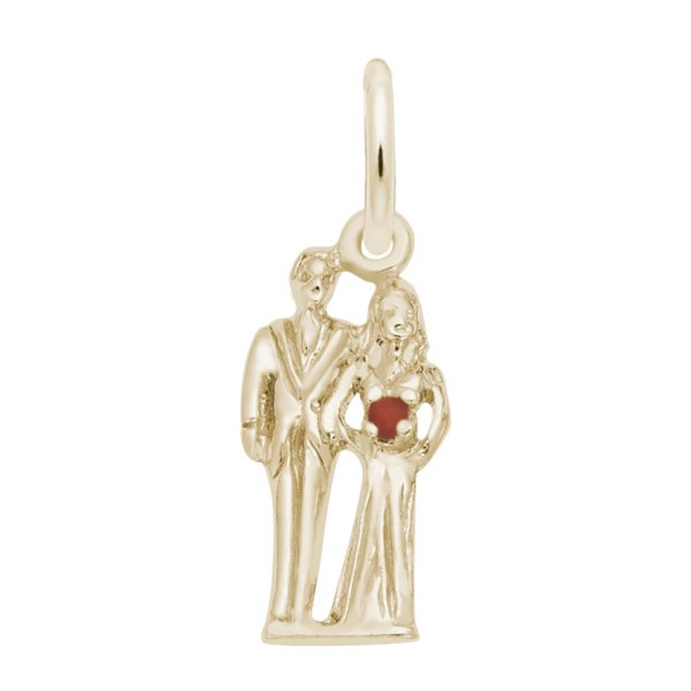 The Rembrandt Charms "Bride and Groom - 14K Charm" features a couple standing together, the bride holding a bouquet with a red accent—a perfect, elegant wedding jewelry piece.