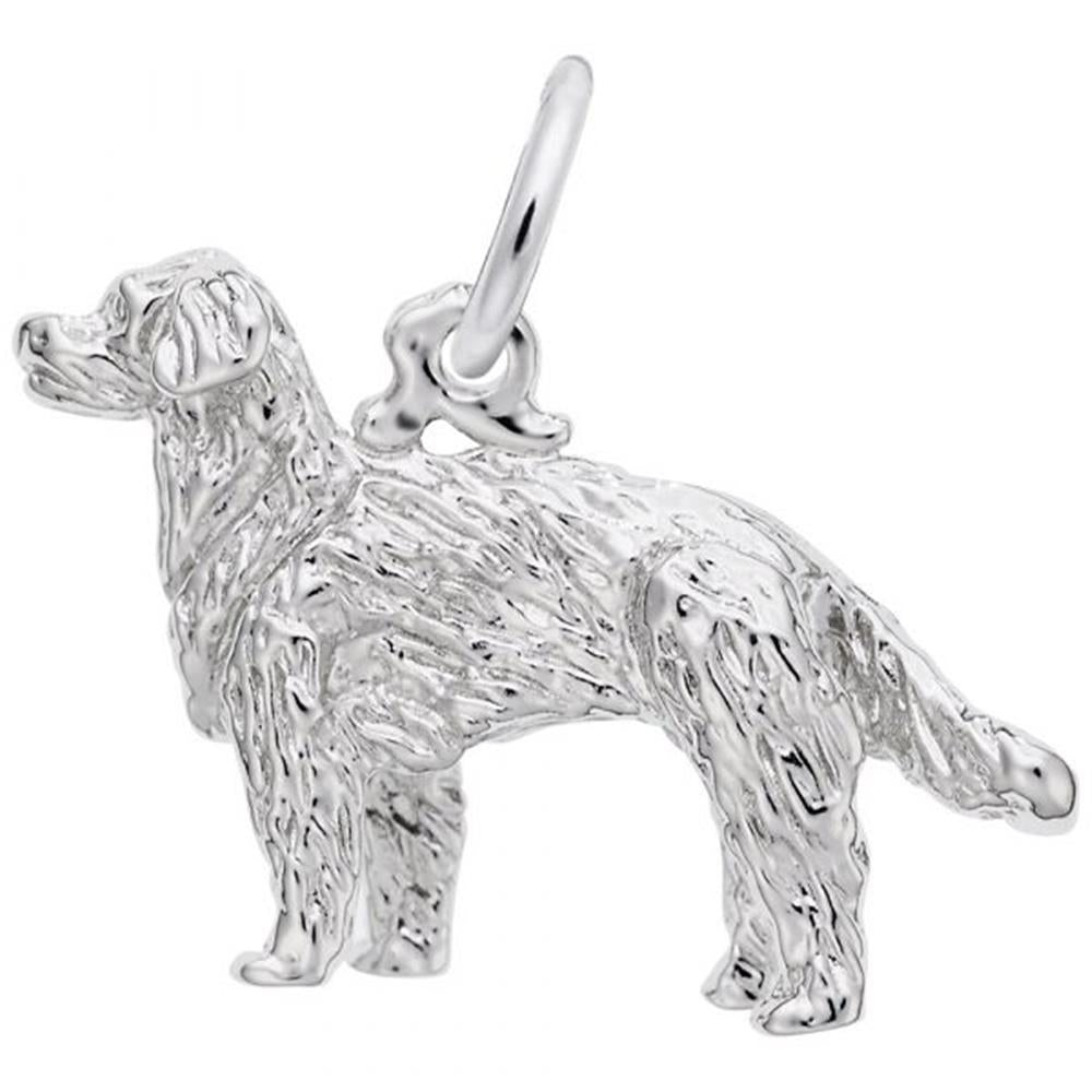 A Golden Retriever Dog Charm in Sterling Silver shaped like a detailed standing dog with textured fur, a long tail, and a loop attached to its back for wearing on a chain or bracelet, resembling the exquisite craftsmanship of Rembrandt Charms.
