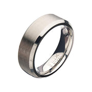 The INOX Men's Stainless Steel 8mm Matte Beveled Band Ring in size 10 boasts a sleek, silver-toned design with a brushed finish and a highly polished interior.