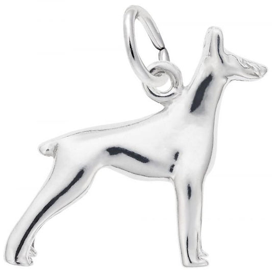 The Rembrandt Charms Doberman Pincher Dog Charm in sterling silver features a standing Doberman with an elongated body and pointed ears. The charm boasts a smooth, polished surface and comes with a small loop for hanging on a chain or bracelet.