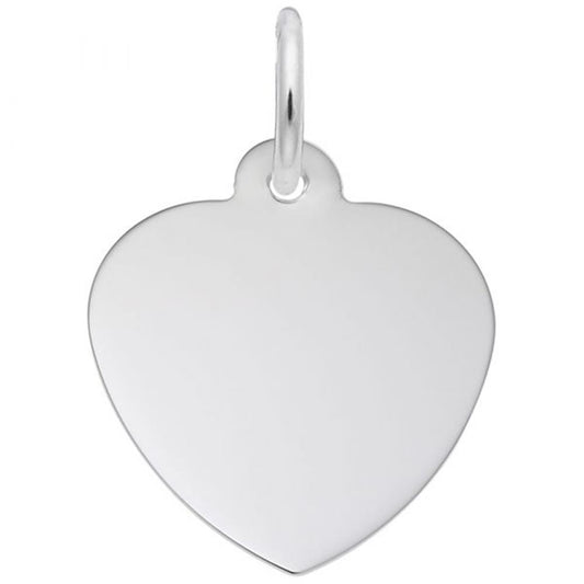 A close-up image of the Petite Classic Heart Charm by Rembrandt Charms, featuring a polished, sterling silver heart-shaped design with a small loop at the top for attaching to a chain or bracelet. The charm has a smooth and shiny surface with no additional engravings or designs.