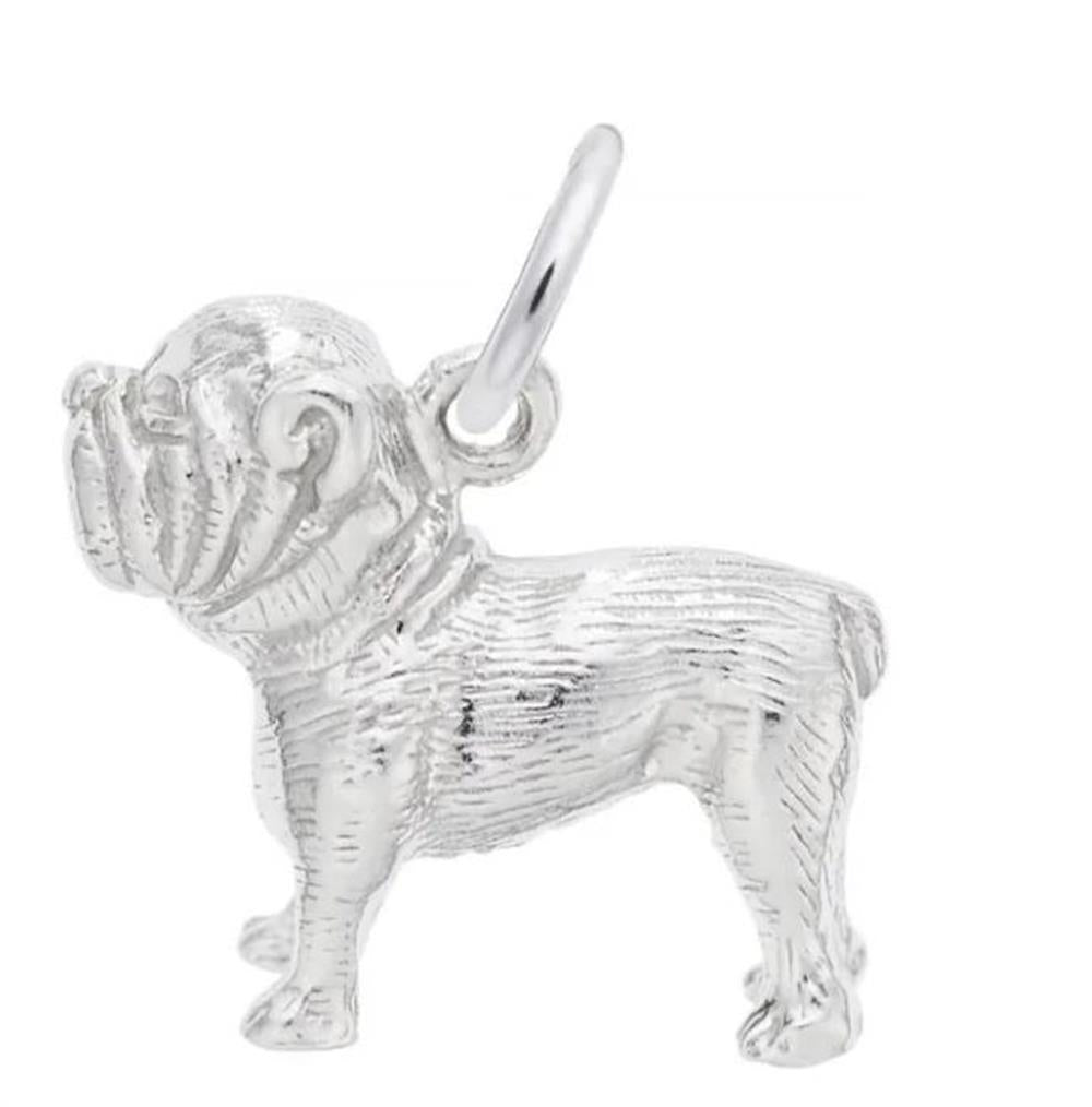 The Bulldog - Sterling Silver Charm by Rembrandt Charms features a detailed design with a ring for easy attachment, highlighting the dog's muscular build and distinct facial expression.