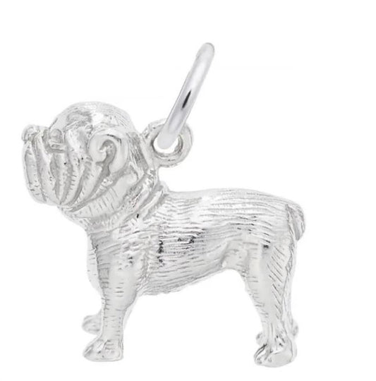 The Bulldog - Sterling Silver Charm by Rembrandt Charms features a detailed design with a ring for easy attachment, highlighting the dog's muscular build and distinct facial expression.