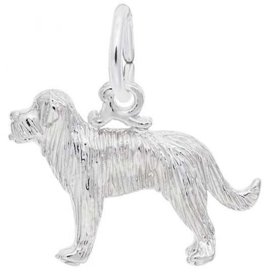 The Rembrandt Charms St Bernard Dog Charm in sterling silver features a realistic profile of a St Bernard standing on all four legs, complete with detailed fur texture, a long tail, and a hanging loop at the top for easy attachment to a chain or bracelet.