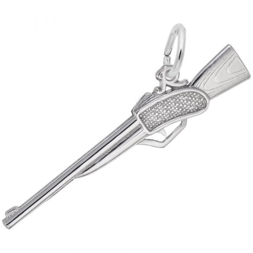 The Rifle Charm in sterling silver by Rembrandt Charms features engraved details and a top loop for easy attachment to a bracelet or necklace—an ideal keepsake for shooting sports enthusiasts or a unique hunting-themed gift.