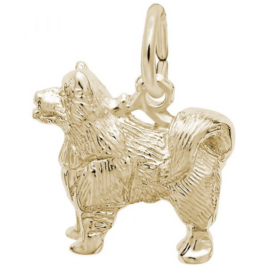 The Rembrandt Charms Samoyed Dog Charm, crafted in gold-plated sterling silver, features detailed fur texture, erect ears, and a curled tail. This exquisite charm has a loop at the top for easy attachment to a bracelet or necklace. Perfect for any dog lover, it beautifully captures the essence of breeds like the Samoyed with its intricate design.
