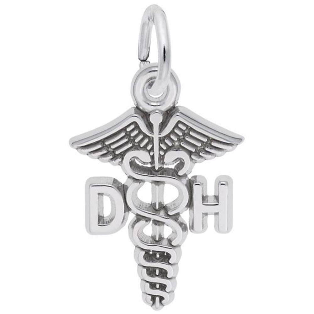 The "Dental Hygienist Caduceus Charm" by Rembrandt Charms is a sterling silver pendant featuring the letters "D" and "H" on either side of a staff with two snakes entwined around it and wings at the top, making it an ideal gift for a dedicated dental hygienist.